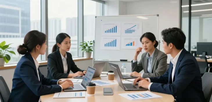 Accounting services for small business team meeting in a modern office, diverse professionals analyzing financial strategies.