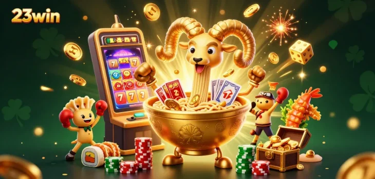 Experience excitement at 23win with vibrant casino characters and a jackpot explosion.