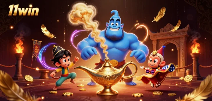 Experience the thrill of 11win with a magical genie, poker chips, and festive casino vibes.