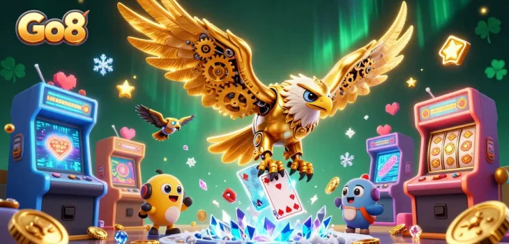 Go8 showcases thrilling gaming excitement with an eagle amidst colorful arcade elements and glowing slot machines.