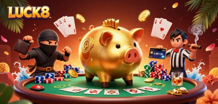Experience LUCK8 excitement with dynamic characters at a poker-themed scene filled with action and rewards.