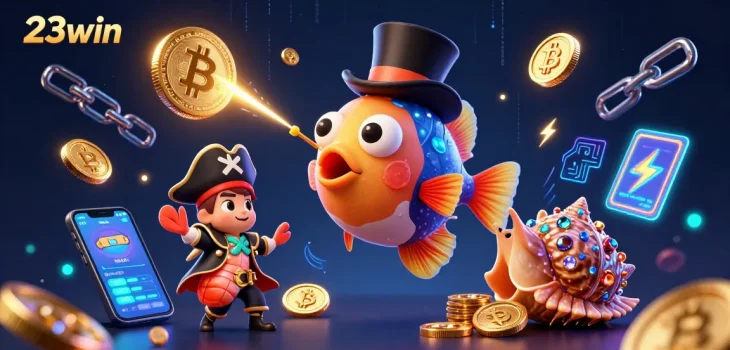 Engage with the vibrant 23win casino scene featuring a top-hat anglerfish and glowing crypto coins.