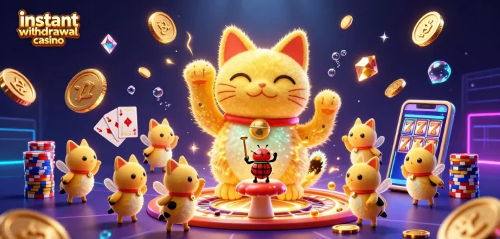 Experience the thrilling environment of an instant withdrawal casino with a giant lucky cat and shimmering elements.