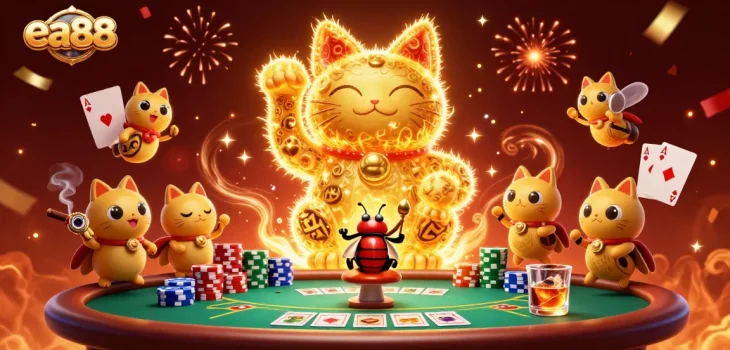 Experience the vibrant, dynamic energy of ea88 with a lucky cat and casino symbols, enhancing your gaming experience.