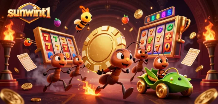 Engage with thrilling slot heists featuring sunwint1's cartoon characters in a dynamic casino scene.