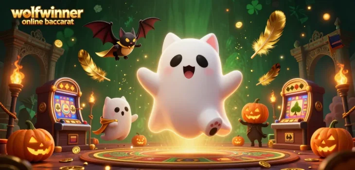 Play wolfwinner online baccarat with a whimsical ghost cat and vampire bat in a haunted casino.
