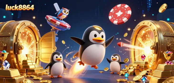 Experience the excitement of luck8864 with a vibrant casino-themed 3D illustration showcasing dynamic characters and treasures.