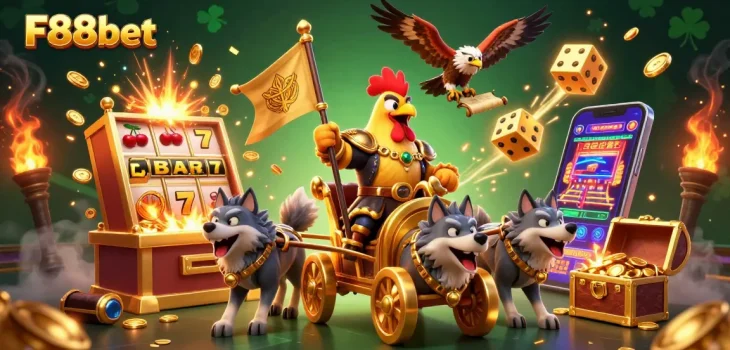 Experience F88bet's thrilling casino games with a dynamic rooster warlord in action!