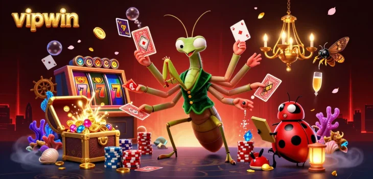 Experience thrilling gaming action with vipwin's dynamic casino scene featuring a mantis dealer and vibrant game elements.