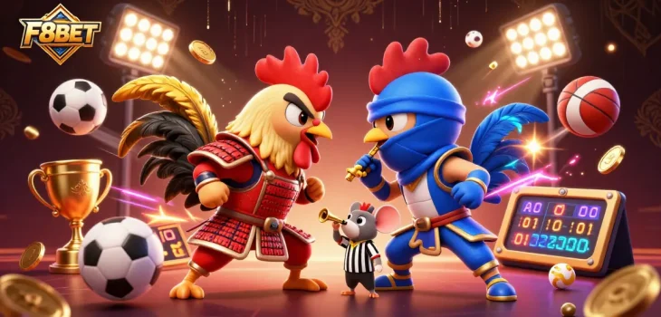 Engage with F8BET's thrilling standoff between samurai and ninja roosters in an exhilarating casino atmosphere.