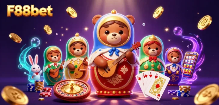 F88bet showcases a vibrant 3D illustration of a dynamic casino scene with animated characters and gaming elements.