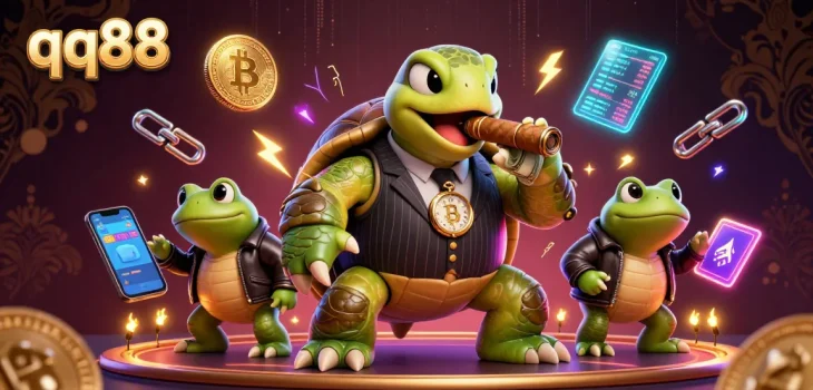 Experience thrilling gaming at qq88 with a vibrant 3D scene featuring a cartoon turtle mobster and crypto elements.