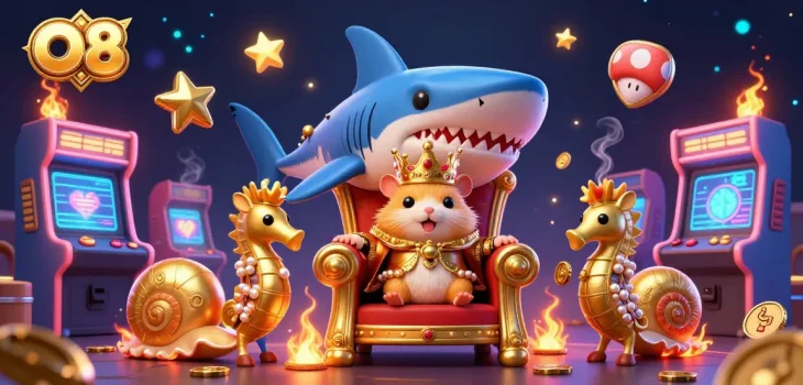 Experience the excitement of O8 with a vibrant scene featuring a golden hamster king, arcade games, and casino elements.