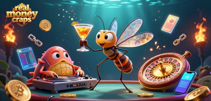 Engage in real money online craps with a vibrant 3D casino scene featuring crypto elements and animated characters.