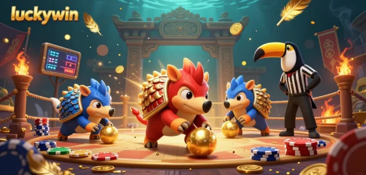 Experience the excitement of luckywin as cartoon pangolins bowl through poker chips in an atmospheric casino scene.