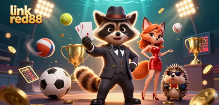 Experience thrilling moments with link red88 as raccoon, fox, and hedgehog celebrate winning hands in this vibrant casino scene.