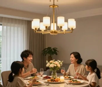 Candelabru living elegant în cameră luminată, familie la masă cu bucate rafinate.