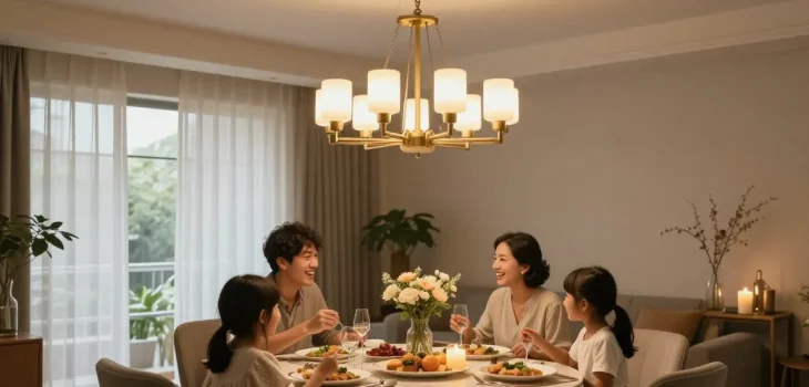 Candelabru living elegant în cameră luminată, familie la masă cu bucate rafinate.