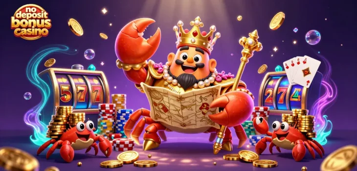 Experience the excitement at no deposit bonus casino with the majestic crab emperor amidst golden jackpots and thrilling games.