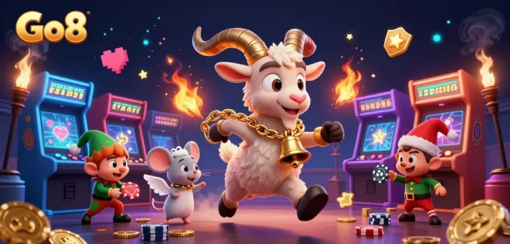 Engage in gaming excitement at Go8's vibrant casino illustration featuring unique characters and colorful elements.