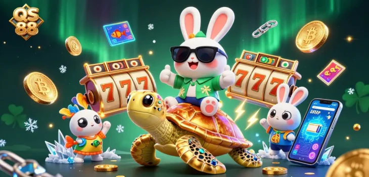 Experience the excitement of QS 88 with a colorful casino scene featuring vibrant characters and gaming elements.