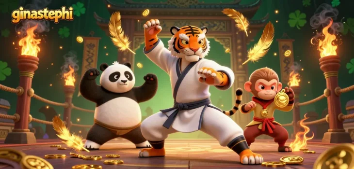Win big at ginastephi's online casino with a kung fu tiger master and playful panda in a dynamic gaming arena.
