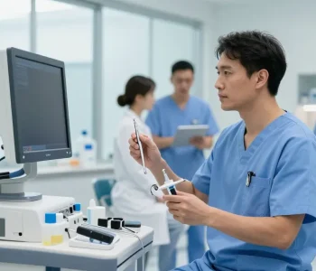 Doctor examining advanced medical instruments in a bright clinical environment.
