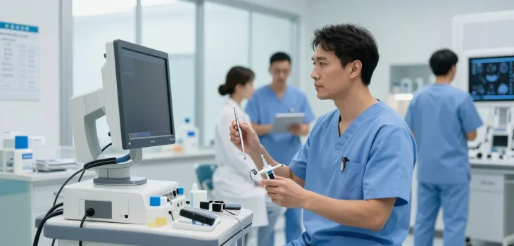 Doctor examining advanced medical instruments in a bright clinical environment.