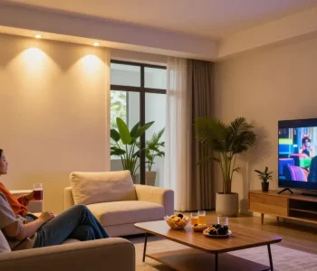 Iluminare modernă cu spoturi LED în interiorul unei camere primitoare, evidențiind detalii elegante.