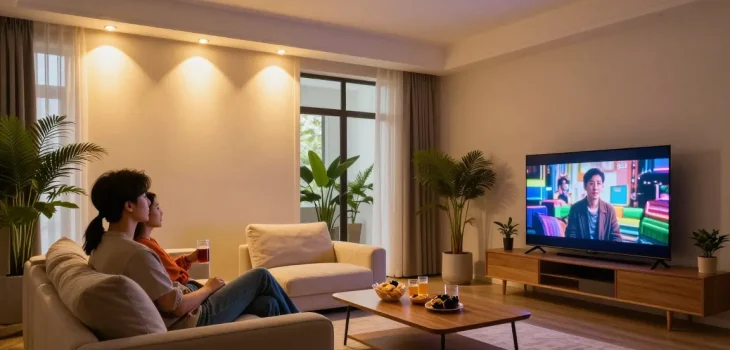 Iluminare modernă cu spoturi LED în interiorul unei camere primitoare, evidențiind detalii elegante.