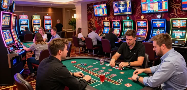 Players enjoying diverse games at casinos not on Gamstop, highlighting vibrant gaming atmosphere and excitement.