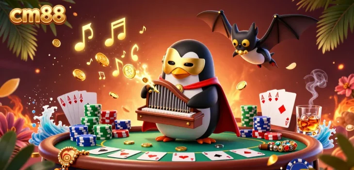Engaging scene with cm88 penguin character at a glamorous casino playing organ, surrounded by poker elements.
