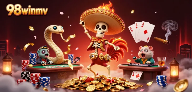 Experience excitement at 98winmv with a vibrant casino scene featuring a dancing mariachi rooster and animated gaming elements.