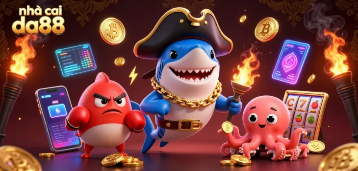 Join the action at nhà cái da88 with a pirate shark, pufferfish, and octopus celebrating wins among slot games and cryptocurrencies.