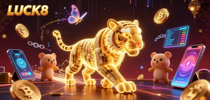 LUCK8 neon casino themed image featuring a golden tiger and crypto coins in a digital landscape